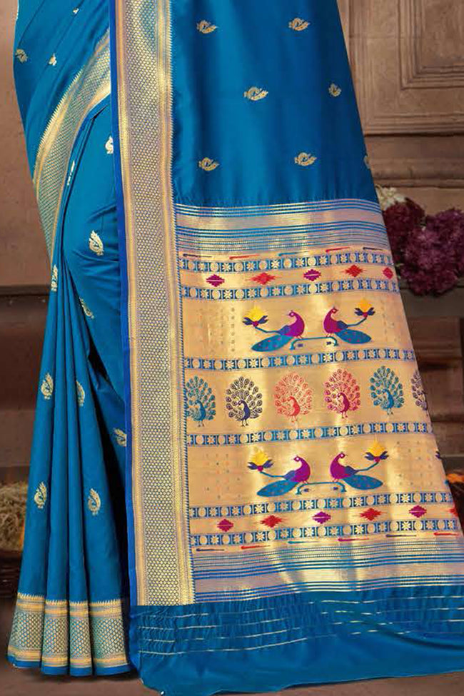Blue Paithani Silk Saree And Blouse Piece