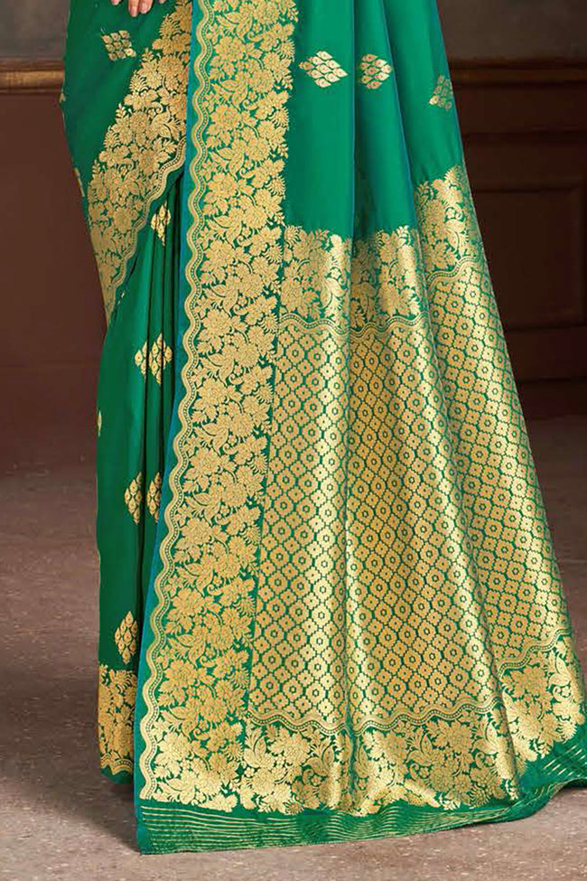Emerald Green Woven Silk Saree And Blouse Piece