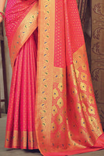 Coral & Gold-Coloured Ethnic Motifs Woven Design Silk Blend Banarasi Saree