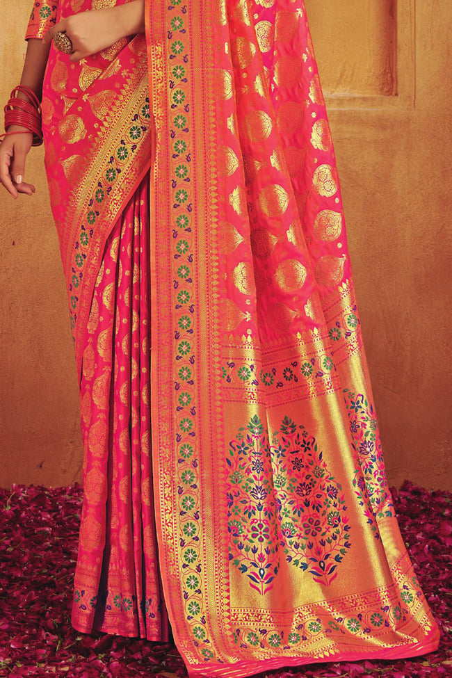 Red & Gold-Toned Woven Design Zari Buti Silk Blend Banarasi Saree
