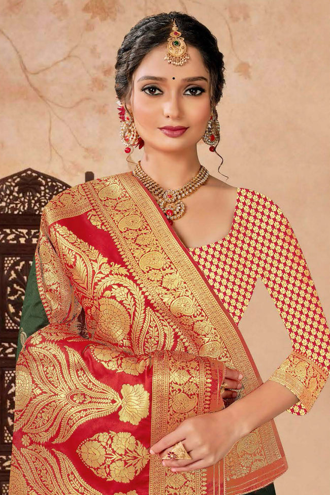 Forest Green With Red Woven Art Silk Saree