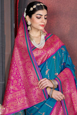 Blue With Pink Border Wedding Wear Art Silk Saree