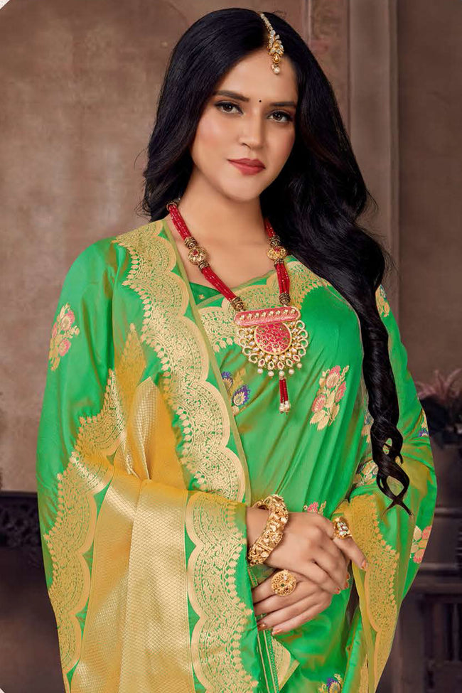 Light Green Embroidered Art Silk Saree With Blouse Piece