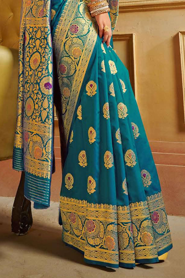 Teal Blue Floral Linen Blend Banarasi Silk Saree