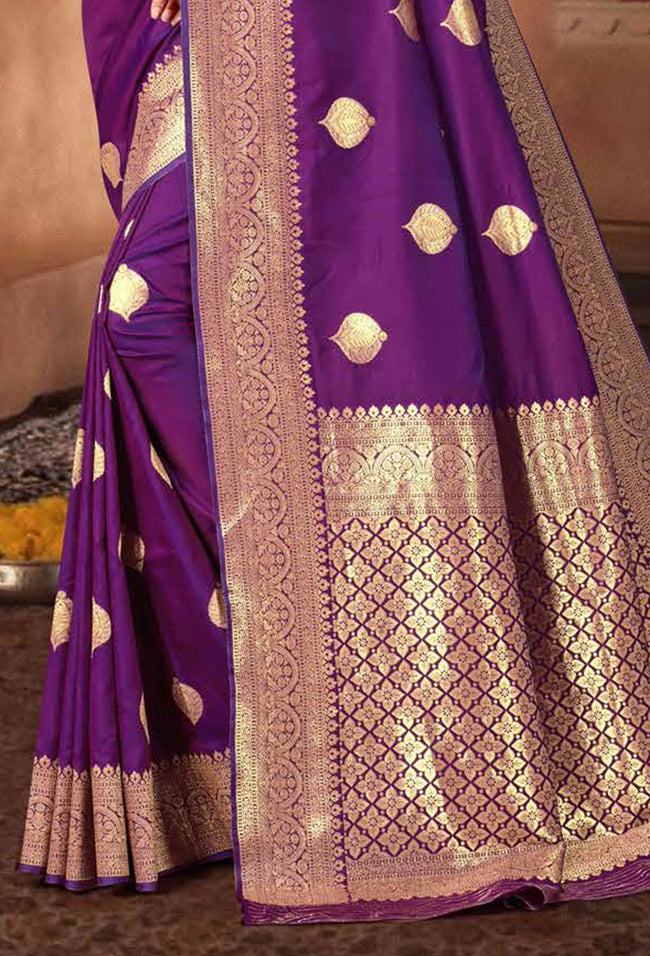 Grape Purple Saree In Art Handloom Silk With Woven Floral Buttis And Blouse Piece