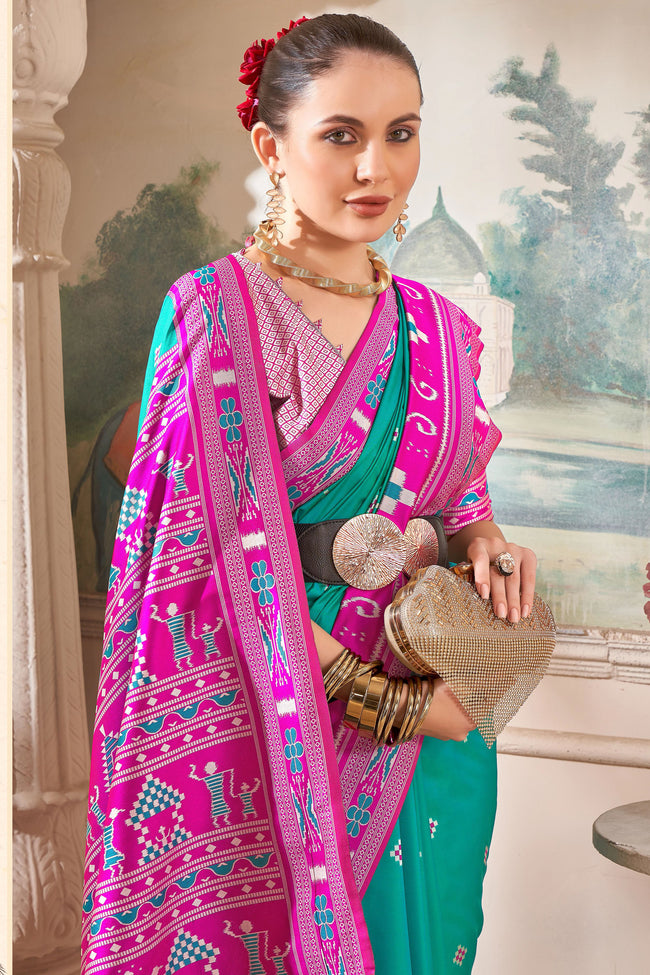 Aqua Blue With Pink Patola Printed Silk Classic Saree