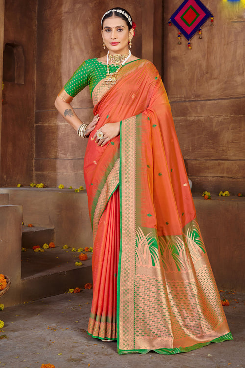 Orange With Green Border Silk Traditional Saree