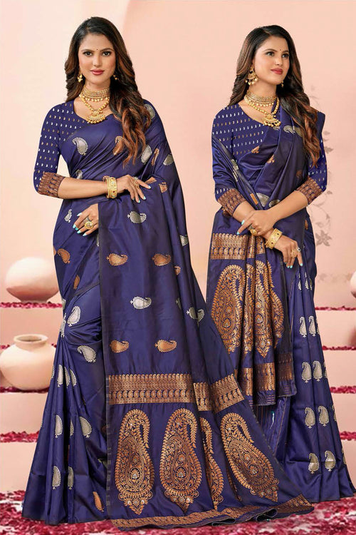 Navy Blue Saree In Silk Blend With Weaved Floral Motifs And Blouse Piece