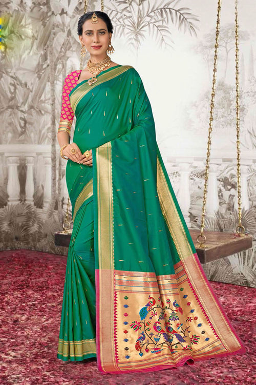 Green With Pink Woven Art Silk Paithani  Saree