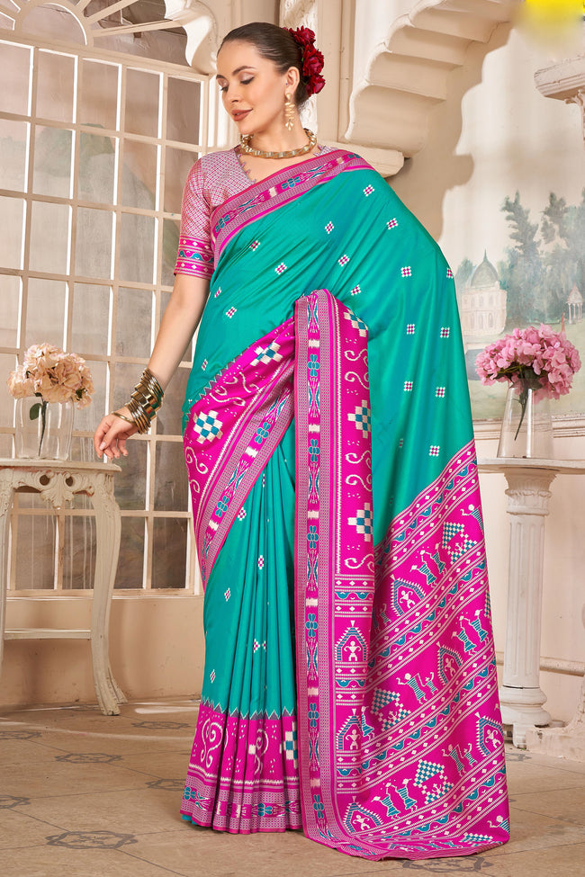 Aqua Blue With Pink Patola Printed Silk Classic Saree