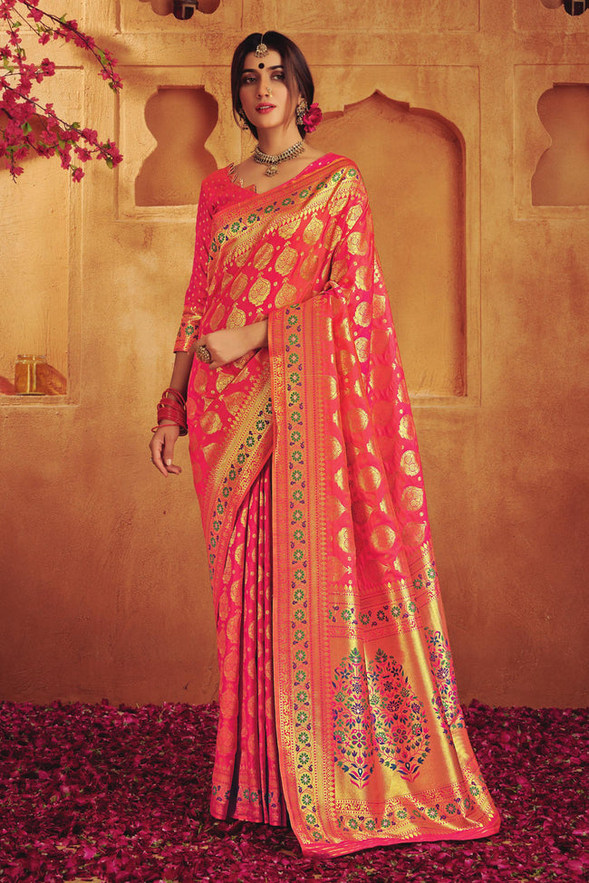 Red & Gold-Toned Woven Design Zari Buti Silk Blend Banarasi Saree