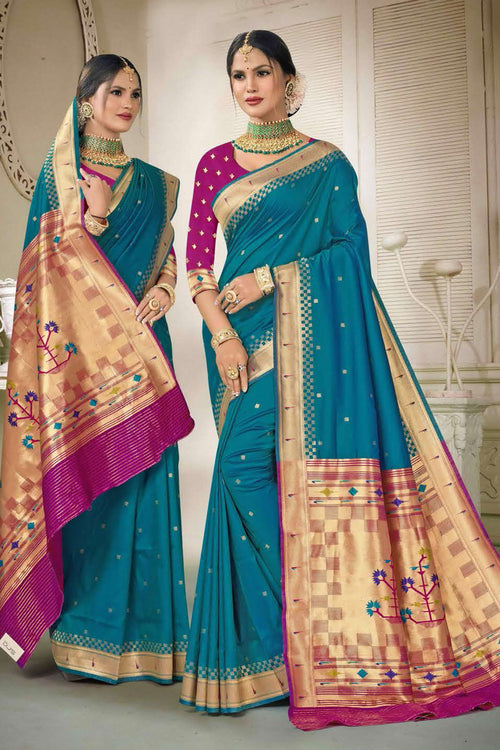 Teal Blue With Pink Art Silk Paithani Saree With Blouse Piece