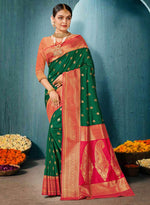 Green And Red Zari Enhanced Silk Saree With Blouse Piece