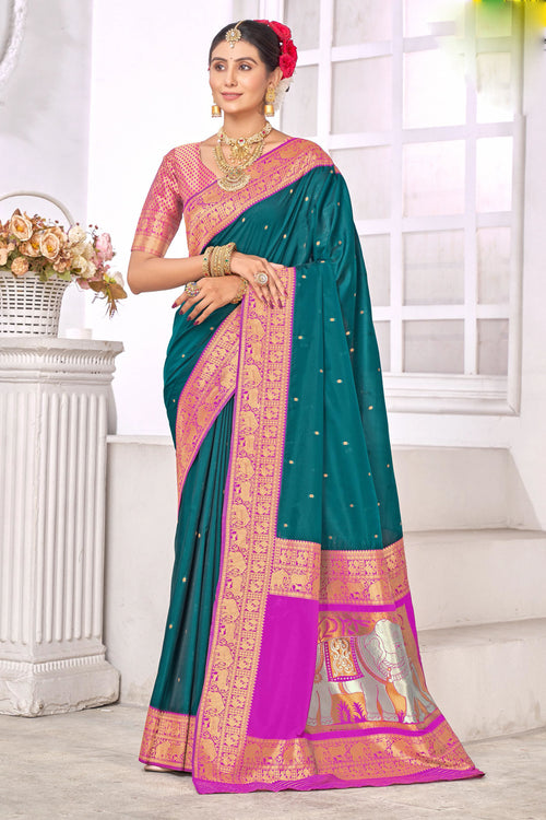 Teal Blue With Fushia Border Traditional Wear Art Silk Saree