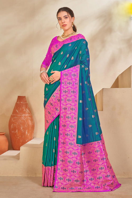 Teal Blue & Magenta Woven Festival Wear Silk Saree With Blouse Piece