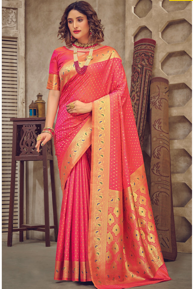 Coral & Gold-Coloured Ethnic Motifs Woven Design Silk Blend Banarasi Saree