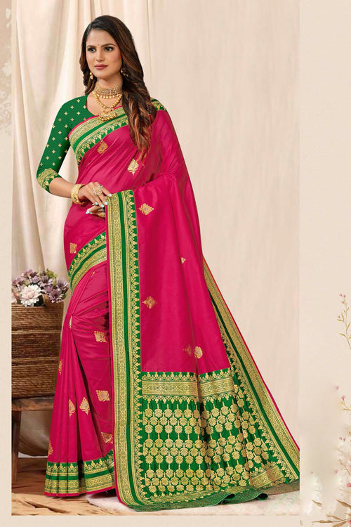 Gajri Pink With Green Border Woven Art Silk Saree With Blouse Piece