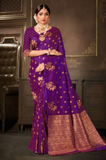 Dark Purple Saree In Silk Blend With Weaved Floral Motifs And Blouse Piece