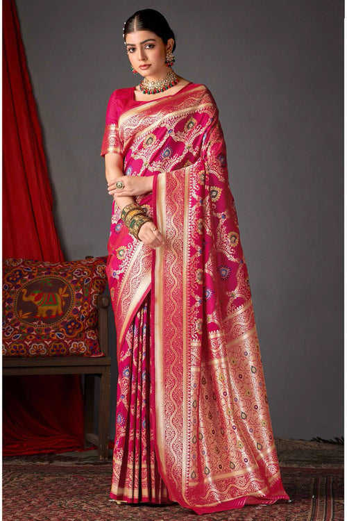 Pink Color Heavy Woven Silk Saree And Blouse Piece