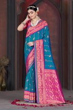 Blue With Pink Border Wedding Wear Art Silk Saree