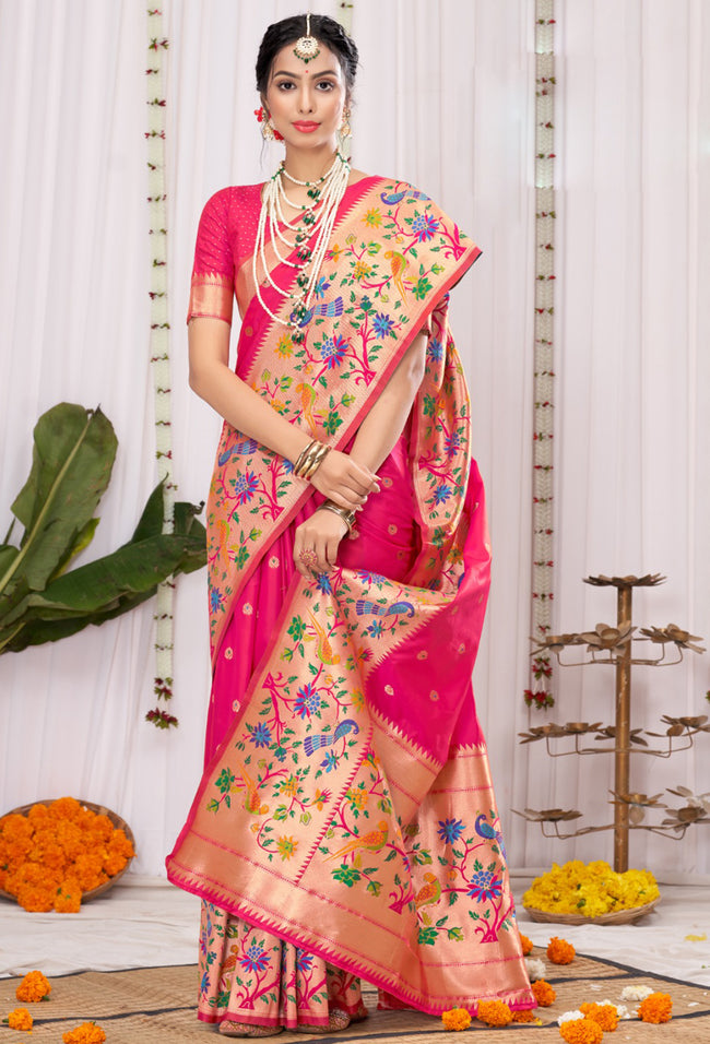 Fluorescent Pink Banarasi Silk Saree With Paithani Pallu And Blouse Piece