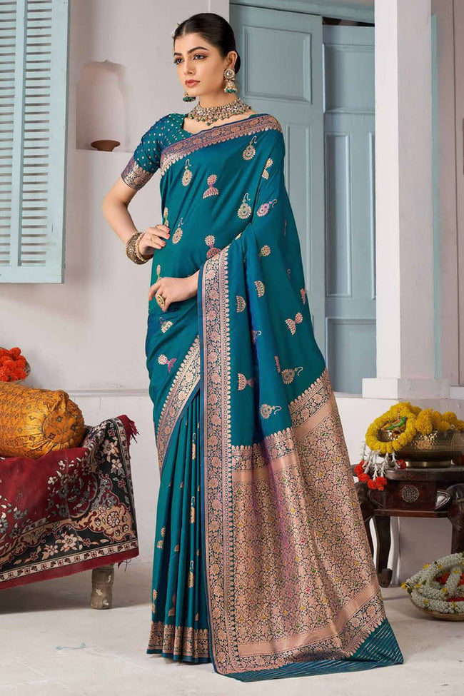 Stunning Blue Banarasi Silk Festival Traditional Saree With Blouse Piece