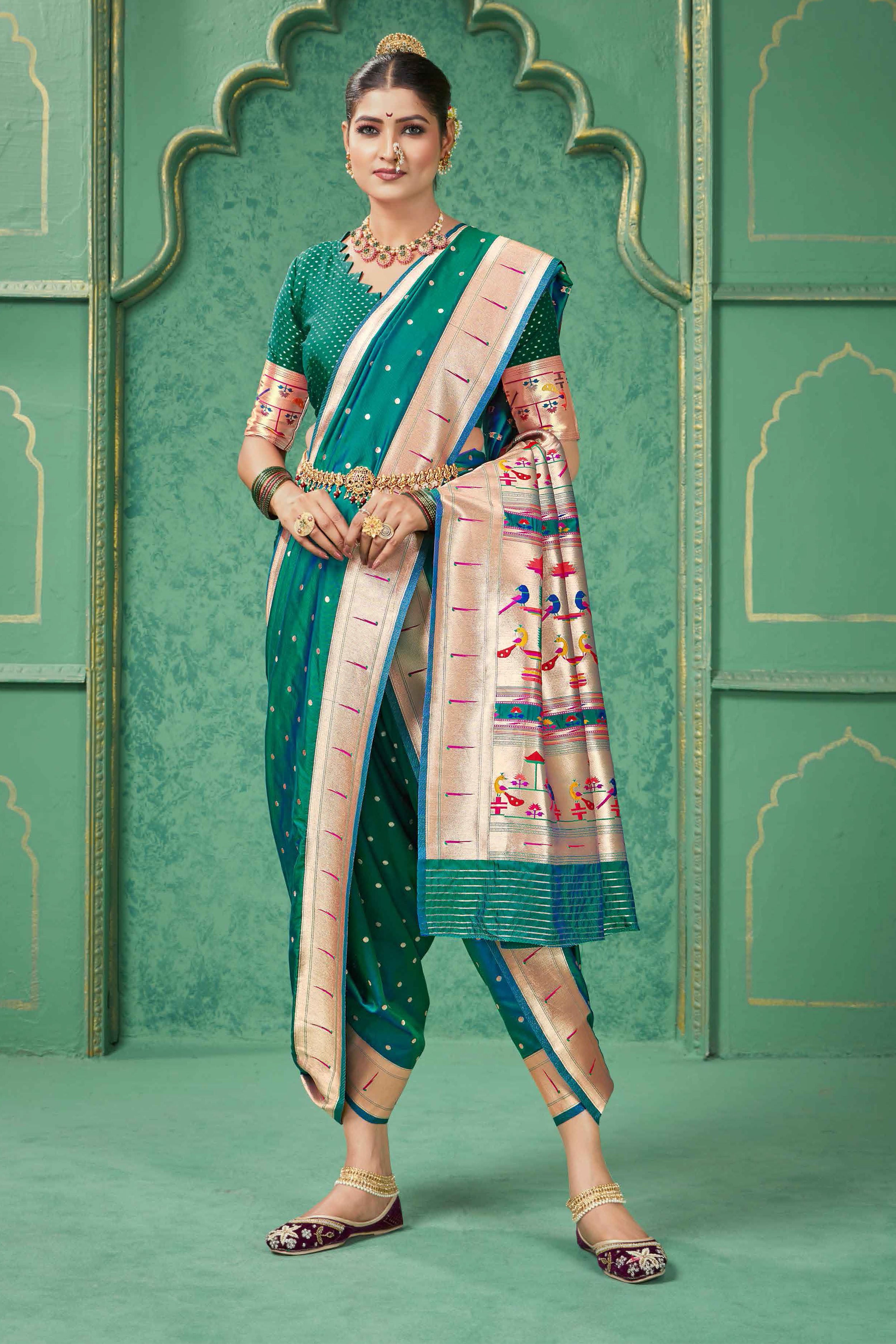 Green Festive Wear Woven Nauvari Unstitched Paithani Silk Saree paanericlothing Green Festive Wear Woven Nauvari Unstitched Paithani Silk Saree paanericlothing