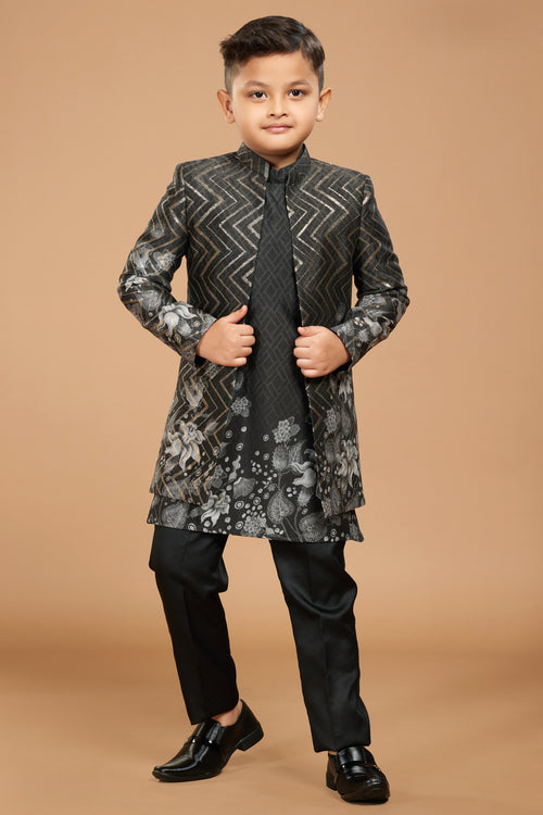 Black Designer Jacket Style Indowestern In Art Silk For Boys
