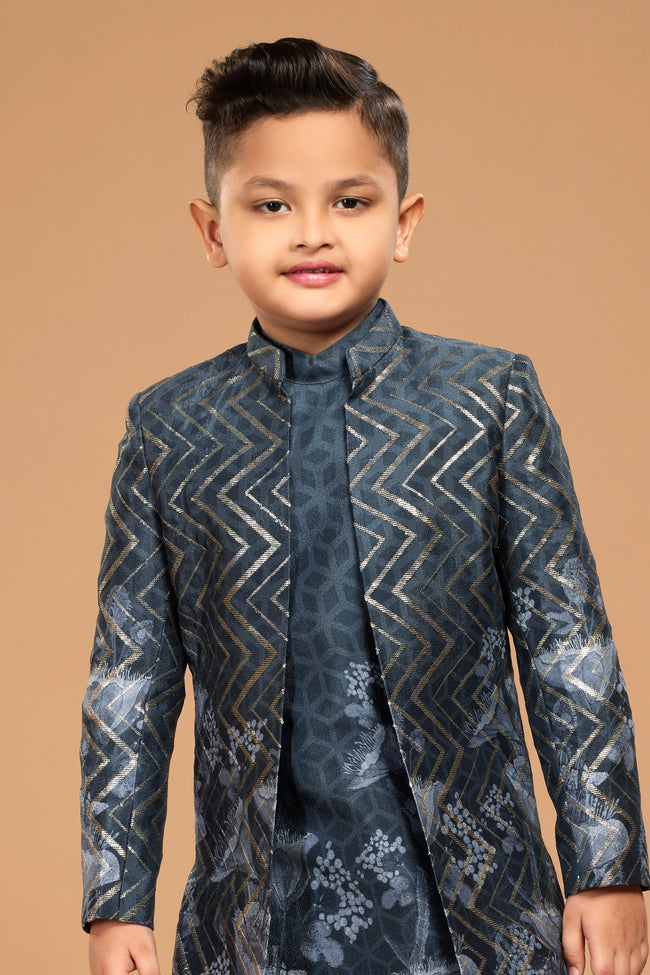 Grey Designer Jacket Style Indowestern In Art Silk For Boys