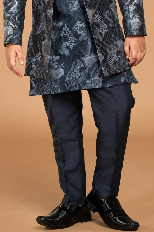 Grey Designer Jacket Style Indowestern In Art Silk For Boys