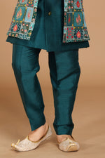Dark Teal Designer Jacket Style Indowestern In Art Silk For Boys