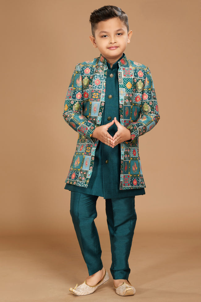 Dark Teal Designer Jacket Style Indowestern In Art Silk For Boys
