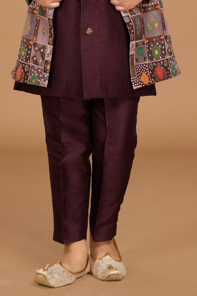 Dark Maroon Designer Jacket Style Indowestern In Art Silk For Boys