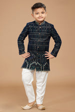 Navy Blue Thread Embroidered Indowestern Set For Boys