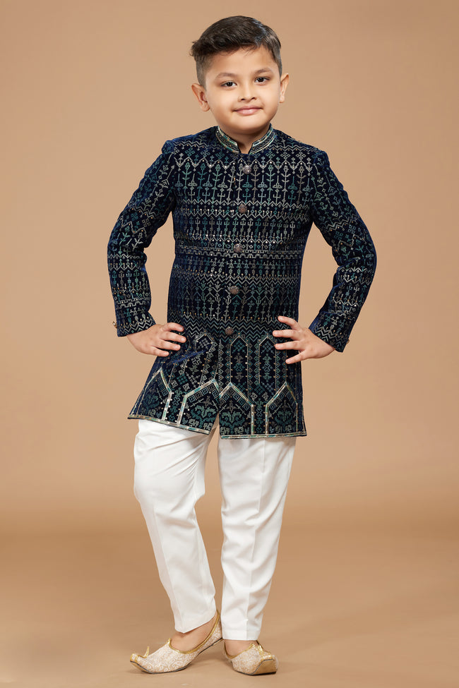 Navy Blue Thread Embroidered Indowestern Set For Boys