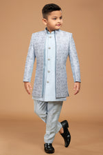 Grey Designer Indowestern Set In Cotton Silk For Boys