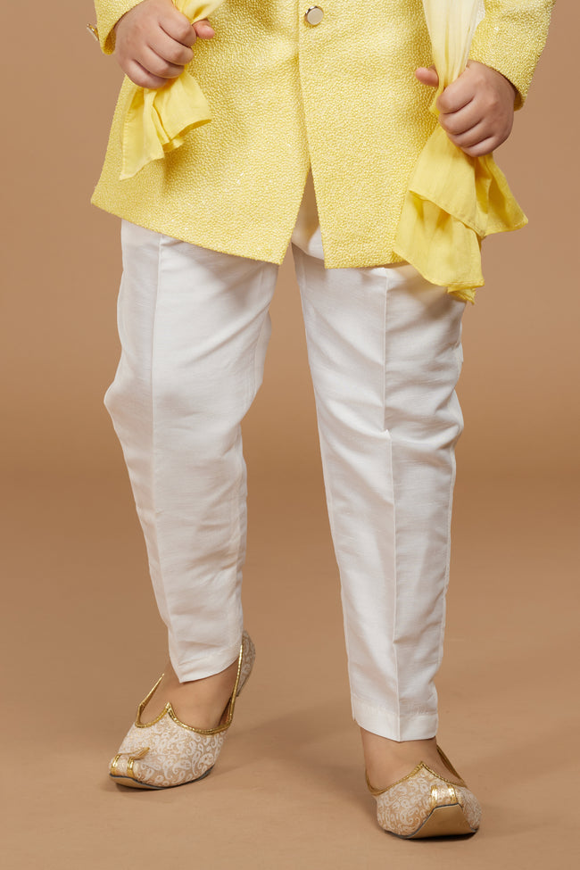 Yellow Designer Jacket Style Indowestern In Art Silk For Boys
