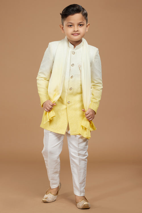 Yellow Designer Jacket Style Indowestern In Art Silk For Boys