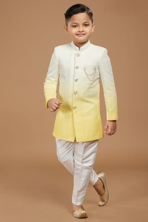 Mustard Yellow Designer Thread Work Indowestern In Art Silk For Boys