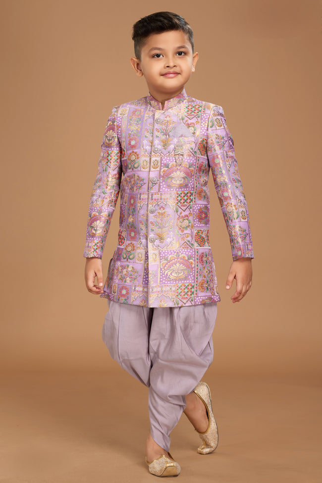 Levander Dhoti Kurta Set In Silk With Floral Print For Boys