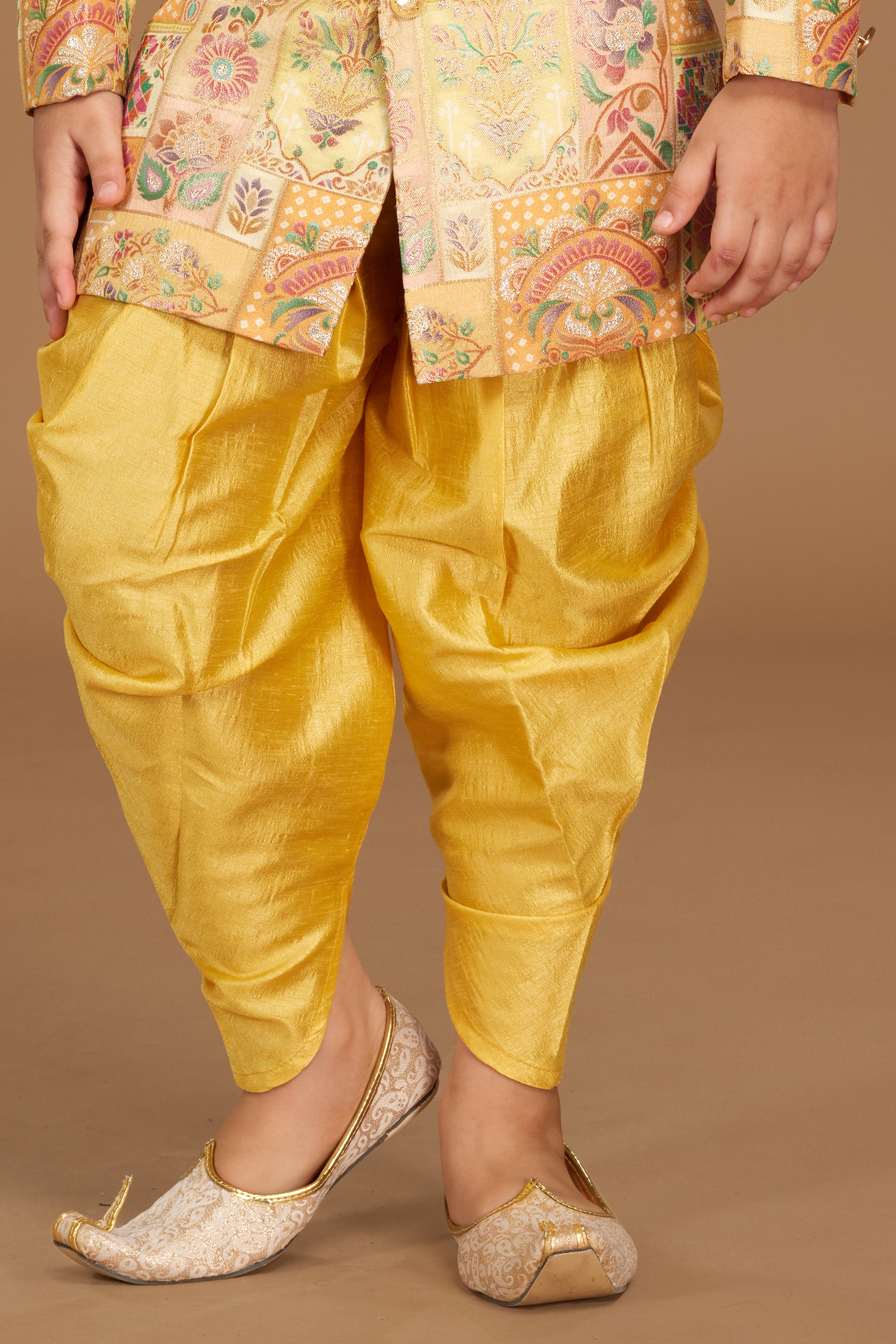 Woven Dupion Silk Jacquard Dhoti Kurta in Yellow : MVE1693