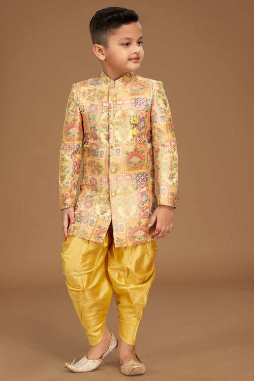 Golden Yellow Dhoti Kurta Set In Silk With Floral Print For Boys