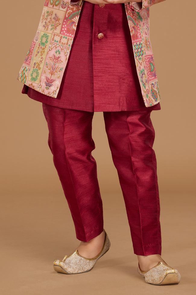 Dark Red Designer Jacket Style Indowestern In Art Silk For Boys