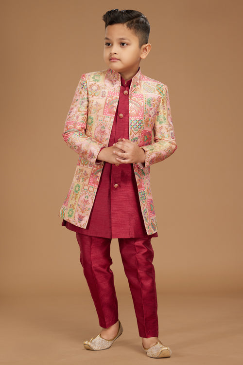 Dark Red Designer Jacket Style Indowestern In Art Silk For Boys
