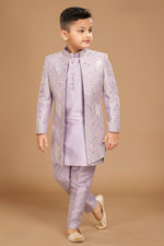 Purple Readymade Indowestern Set In Cotton Silk For Boys
