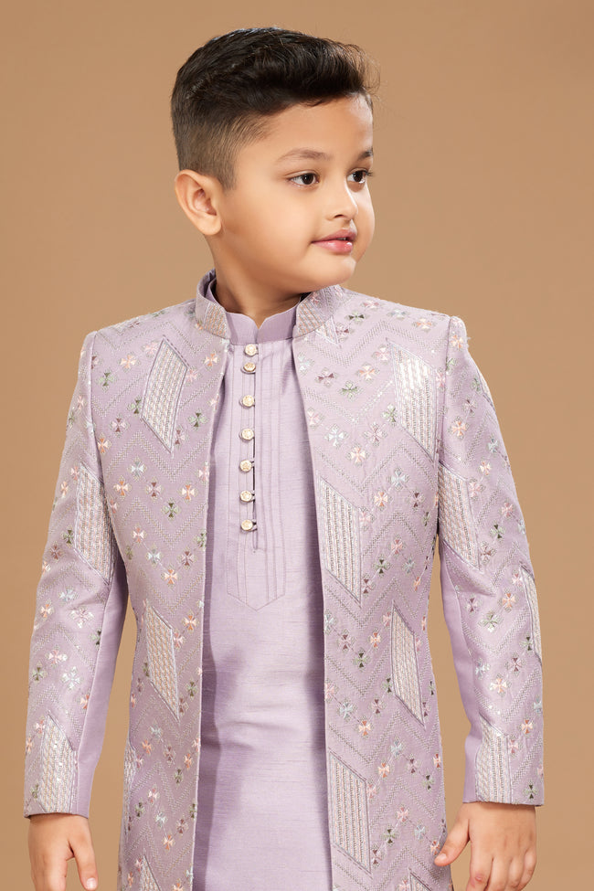 Purple Readymade Indowestern Set In Cotton Silk For Boys