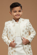 Cream Readymade Embroidered Indowestern Set For Boys