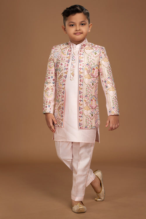 Light Peach Readymade Embroidered Indowestern Set For Boys