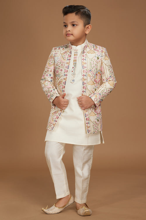 Off White Readymade Embroidered Indowestern Set For Boys