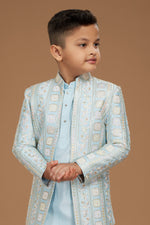 Sky Blue Readymade Embroidered Indowestern Set For Boys